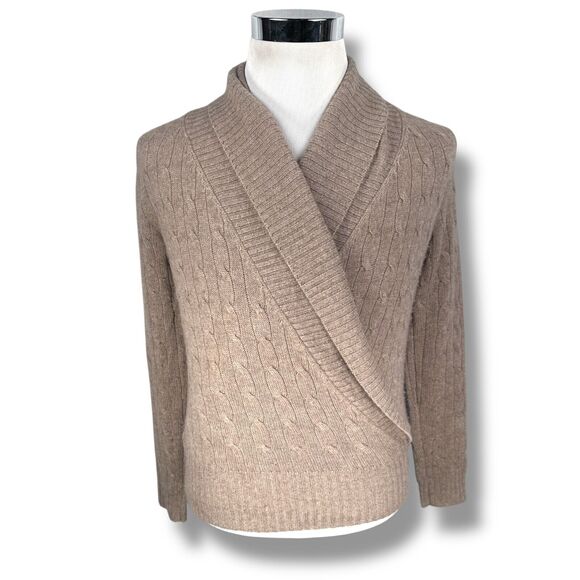Ralph Lauren Black Label Wrap Sweater Women’s Medium Beige Cashmere Cable Knit - Picture 1 of 11